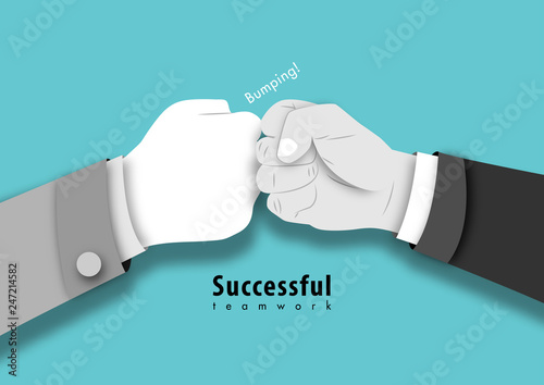 Cheerful male colleagues fist bumping celebrating successful teamwork in office, friendly happy motivated with professional achievement and abstract paper art design vector