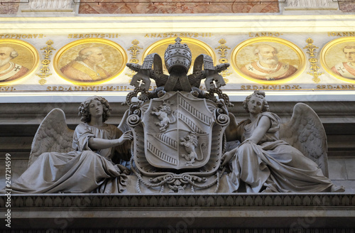Coat of arms of Pope Pius IX, basilica of Saint Paul Outside the Walls, Rome, Italy 
