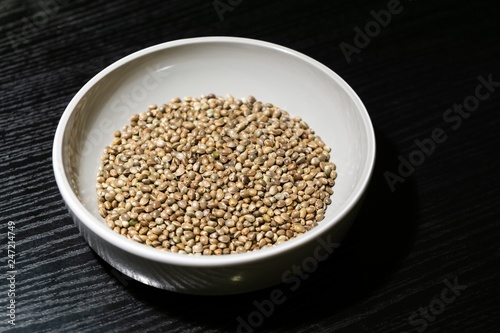 Hemp seeds in the bowl. Slovakia