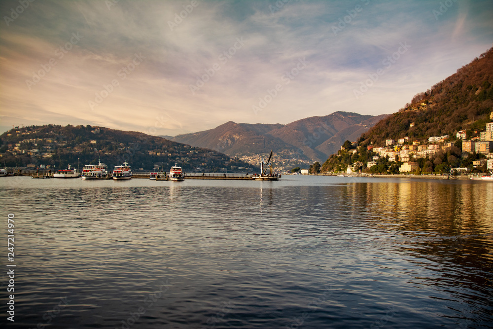 Como Lake at sunset with warm colors