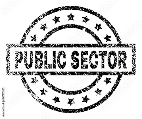 PUBLIC SECTOR stamp seal watermark with distress style. Designed with rectangle, circles and stars. Black vector rubber print of PUBLIC SECTOR caption with scratched texture.