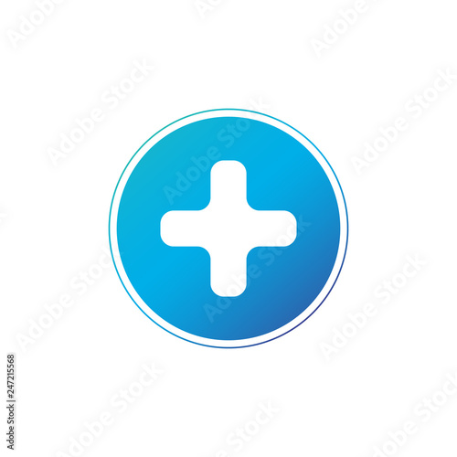 Plus blue sign icon in circle. Positive symbol. Zoom in. Vector illustration isolated on white background.