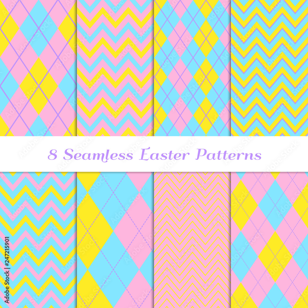 Easter Argyle and Chevron Zigzag Stripes Vector Patterns. Cute Pastel Rainbow Backgrounds in Blue, Pink, Yellow and Lilac. Repeting Pattern Tile Swatches Included.