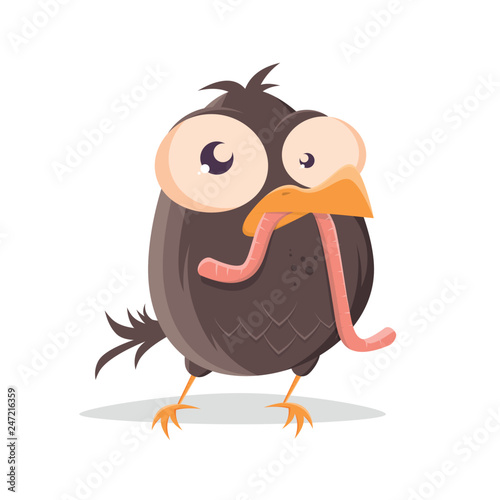 funny cartoon illustration of a bird with worm