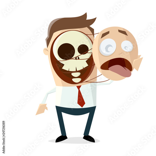 creepy cartoon illustration of a man pulling of his face