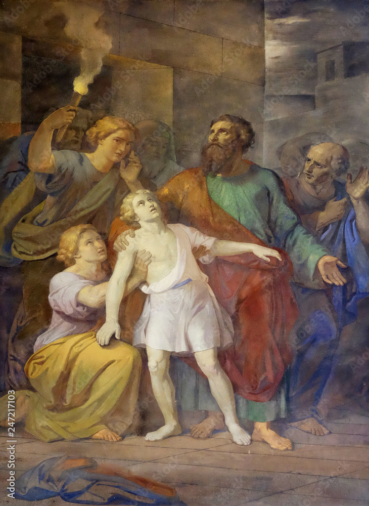 The fresco with the image of the life of St. Paul: Paul Revives Eutychus, basilica of Saint Paul Outside the Walls, Rome, Italy 
