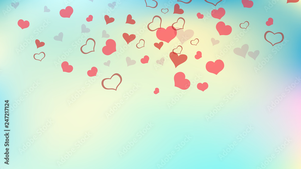 Happy background. Red on Gradient fond Vector. Red hearts of confetti are falling. The idea of wallpaper design, textiles, packaging, printing, holiday invitation for Valentine's Day.