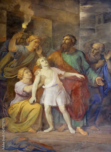 The fresco with the image of the life of St. Paul: Paul Revives Eutychus, basilica of Saint Paul Outside the Walls, Rome, Italy 