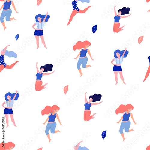 Seamless vector pattern with body positive beautiful women.