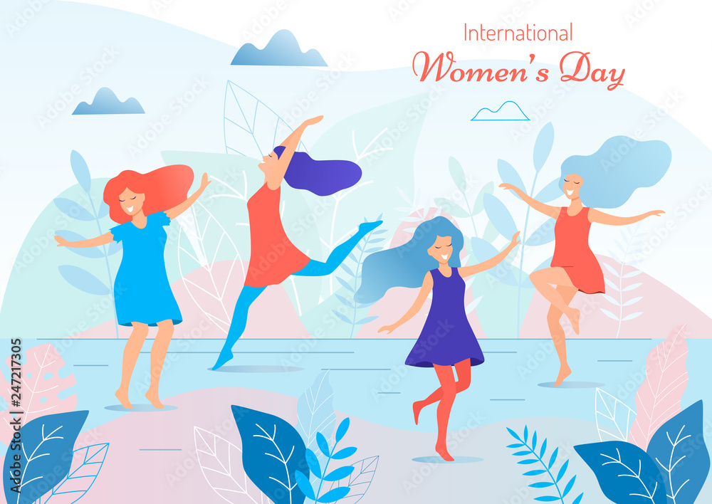 International women's day vector illustration. Beautiful dancing women.
