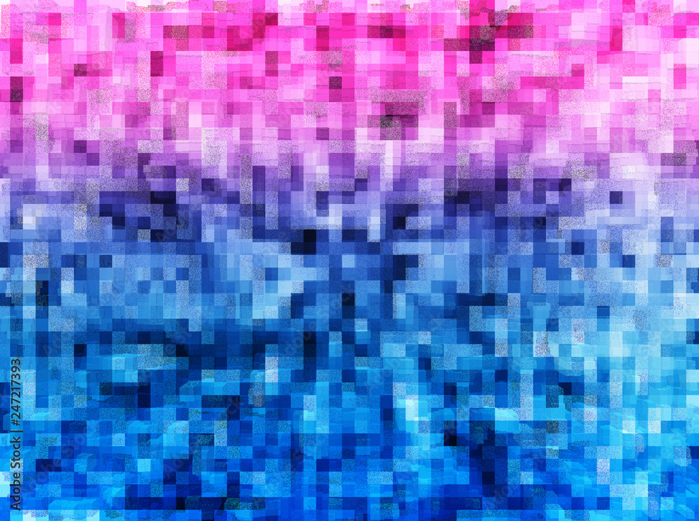 Pink and blue 8-bit blocks with noise illustration background
