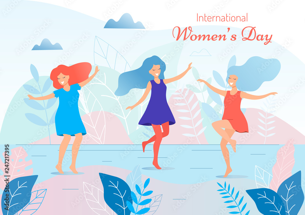 International women's day vector illustration. Beautiful dancing women.