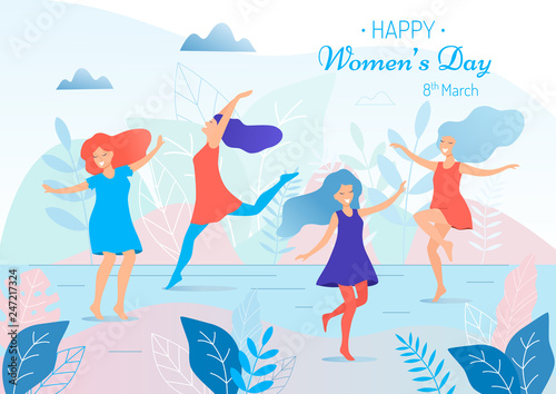 Happy women's day vector illustration. Beautiful dancing women.