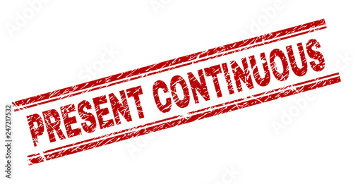 PRESENT CONTINUOUS seal watermark with grunge texture. Red vector rubber print of PRESENT CONTINUOUS text with dust texture. Text tag is placed between double parallel lines.
