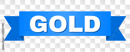 GOLD text on a ribbon. Designed with white title and blue stripe. Vector banner with GOLD tag on a transparent background.