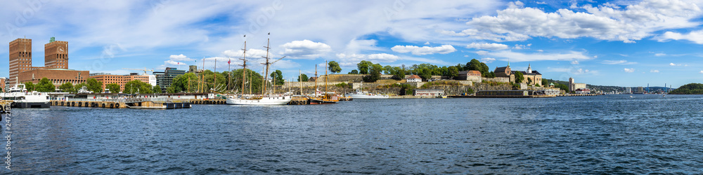 Oslo harbour with Akershus fortress, medieval castle built to protect the city, Norway