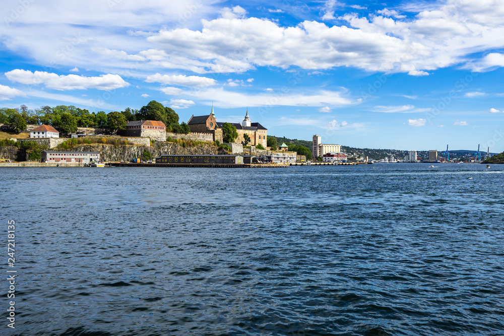 Oslo harbour with Akershus fortress, the medieval castle built to protect the city, Norway