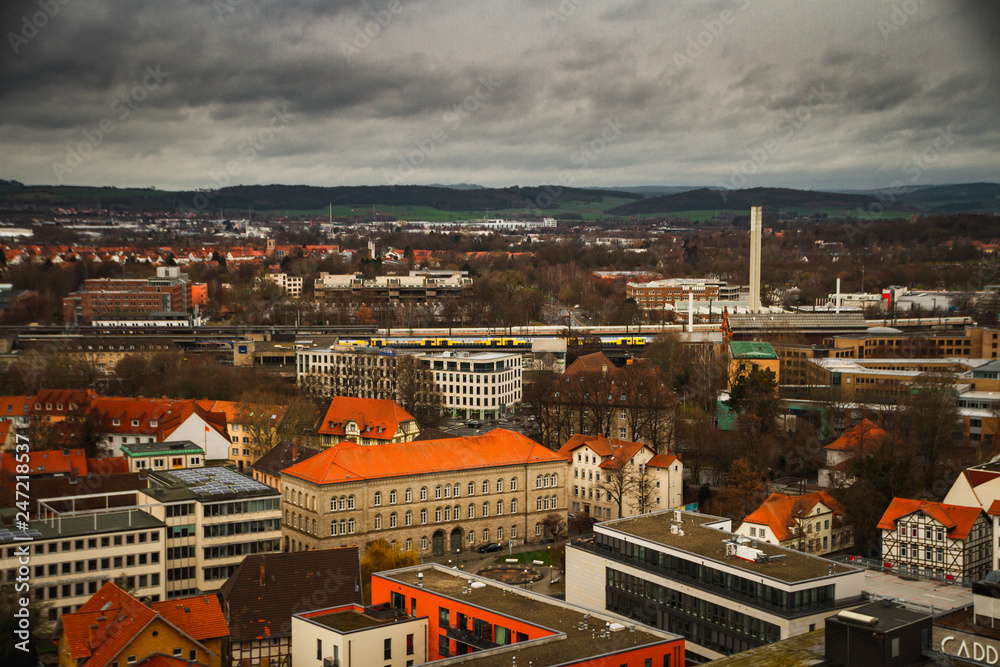Panorama of the old town of Gottingen in cloudy weather. Germany. Travel background