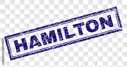 HAMILTON stamp seal print with rubber print style and double framed rectangle shape. Stamp is placed on a transparent background. Blue vector rubber print of HAMILTON text with unclean texture.