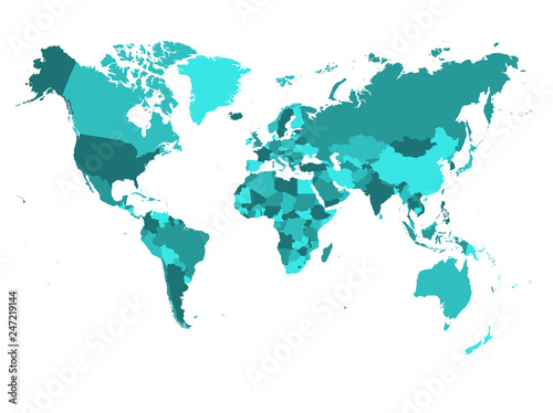 World map in four shades of turquoise blu on white background. High detail political map with country names. Vector illustration
