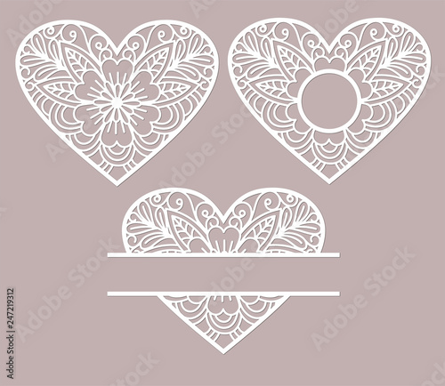Stencil lacy hearts with openwork pattern. Template for interior design, layouts wedding, birthday invitations, Valentine's day cards. Suitable for laser cutting, plotter cutting, print.