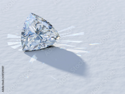Trilliant cut diamond with caustics rays  rear light  diagonal shadow on textured background
