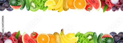 Collage of mixed fruit and vegetable. Fresh color fruits and vegetables
