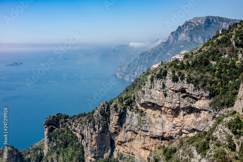 Aerial view of Positano town and Amalfi coast  from hiking trail "Path of the Gods". © borisbelenky