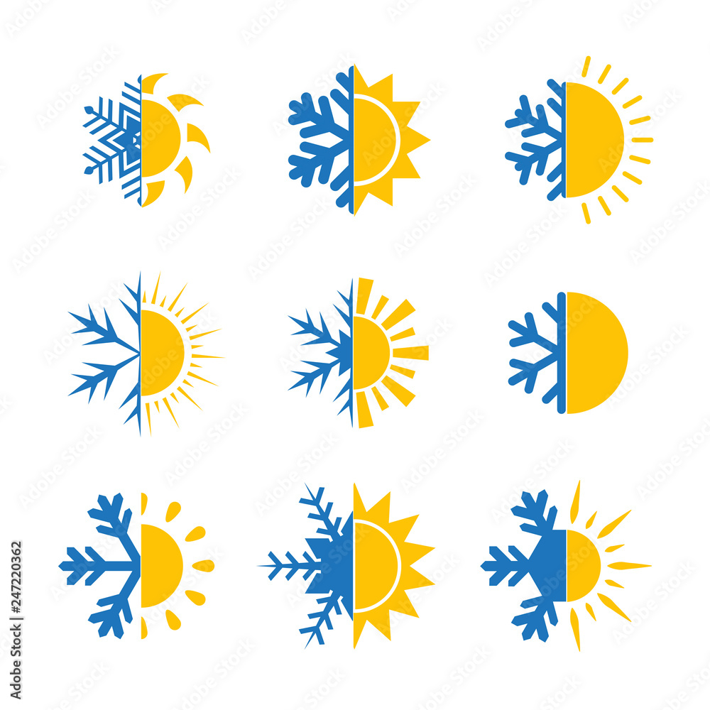 Hot and cold symbol. Sun and snowflake Set of suns and snowflakes Stock