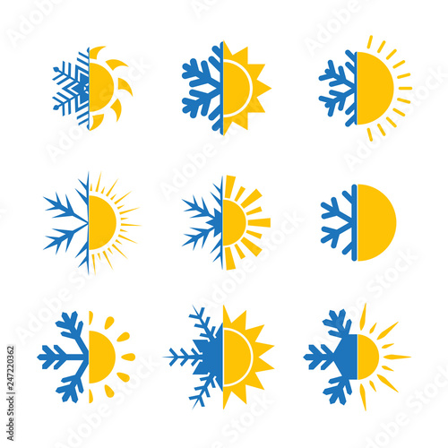 Hot and cold symbol. Sun and snowflake Set of suns and snowflakes
