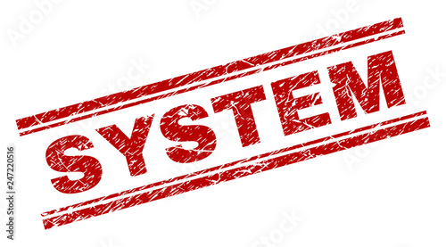 SYSTEM seal print with grunge texture. Red vector rubber print of SYSTEM text with unclean texture. Text label is placed between double parallel lines.