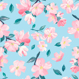 Seamless background pattern of pink Sakura blossom or Japanese flowering cherry symbolic of Spring suitable for textile, wrapping,  fabric.