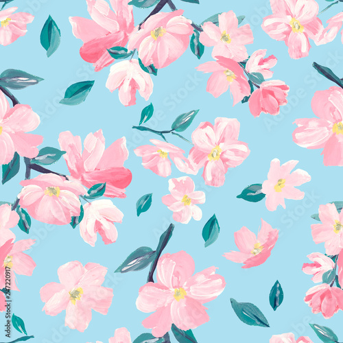 Seamless background pattern of pink Sakura blossom or Japanese flowering cherry symbolic of Spring suitable for textile, wrapping, fabric.