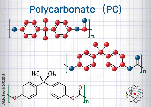 Polycarbonate (PC) thermoplastic polymer molecule. Sheet of paper in a cage. Structural chemical formula and molecule model