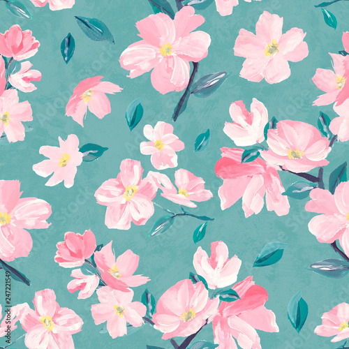 Seamless background pattern of pink Sakura blossom or Japanese flowering cherry symbolic of Spring suitable for textile, wrapping,  fabric.