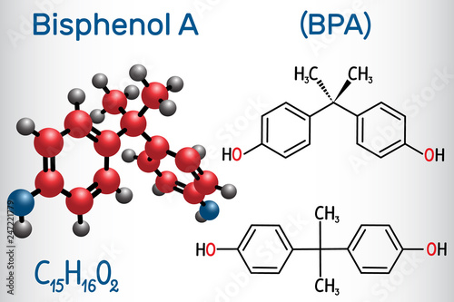 Bisphenol A (BPA) molecule. Structural chemical formula and molecule model photo