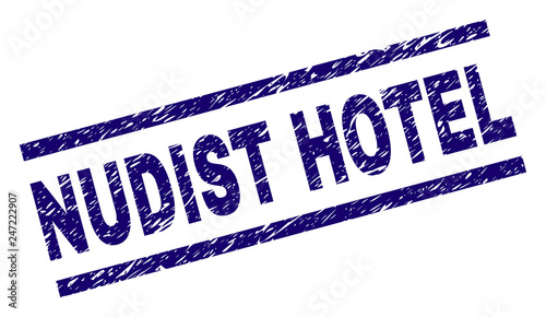 NUDIST HOTEL seal watermark with grunge style. Blue vector rubber print of NUDIST HOTEL text with unclean texture. Text caption is placed between parallel lines.