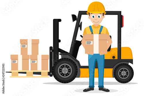 Driver stands with a box in his hands and a forklift with a load on a white.