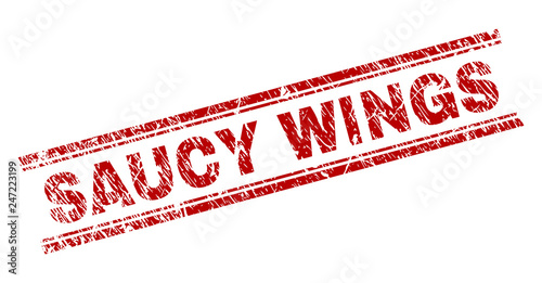 SAUCY WINGS seal watermark with grunge texture. Red vector rubber print of SAUCY WINGS text with unclean texture. Text label is placed between double parallel lines.