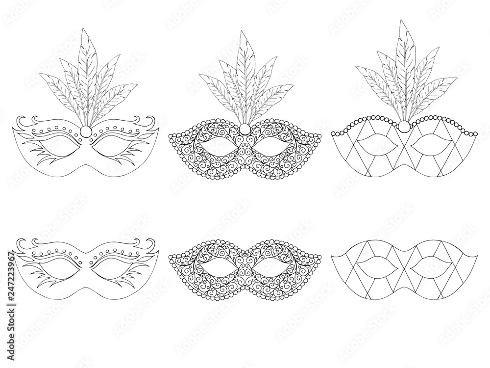 Fototapeta premium Collection of hand drawn masks. Isolated on white. Mardi gras. Black and white. Vector illustration.