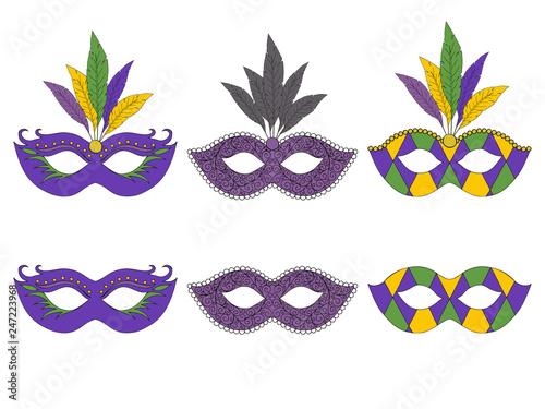 Collection of hand drawn masks. Isolated on white. Mardi gras. Vector illustration.