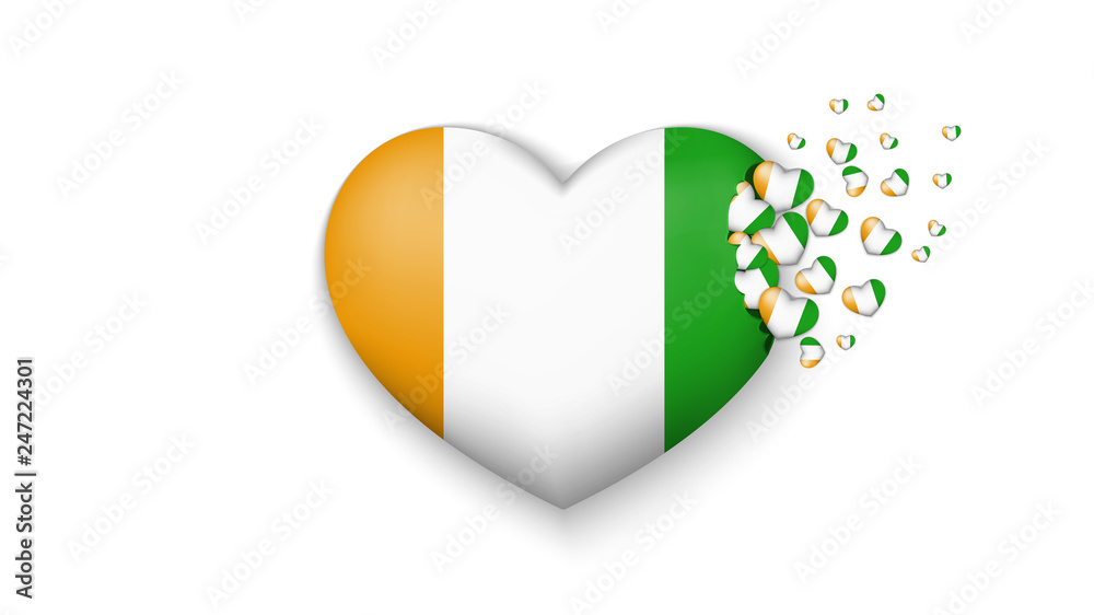 National flag of Ivory Coast in heart illustration. With love to Ivory Coast country. The national flag of Ivory Coast fly out small hearts on white background National flag of Ivory Coast in heart illustration. With love to Ivory Coast country. The national flag of Ivory Coast fly out small hearts on white background