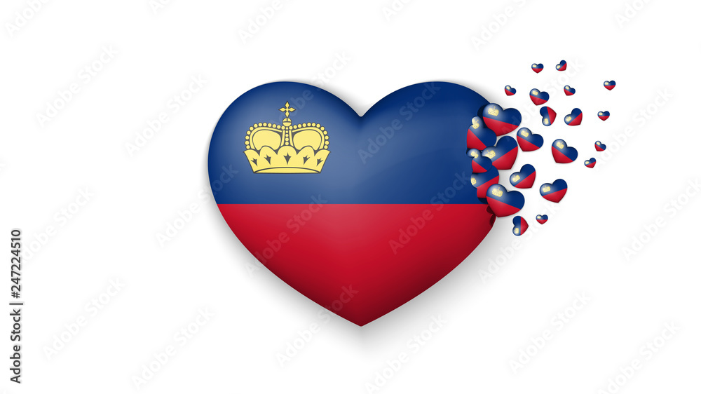 National flag of Liechtenstein in heart illustration. With love to Liechtenstein country. The national flag of Liechtenstein fly out small hearts on white background National flag of Liechtenstein in heart illustration. With love to Liechtenstein country. The national flag of Liechtenstein fly out small hearts on white background