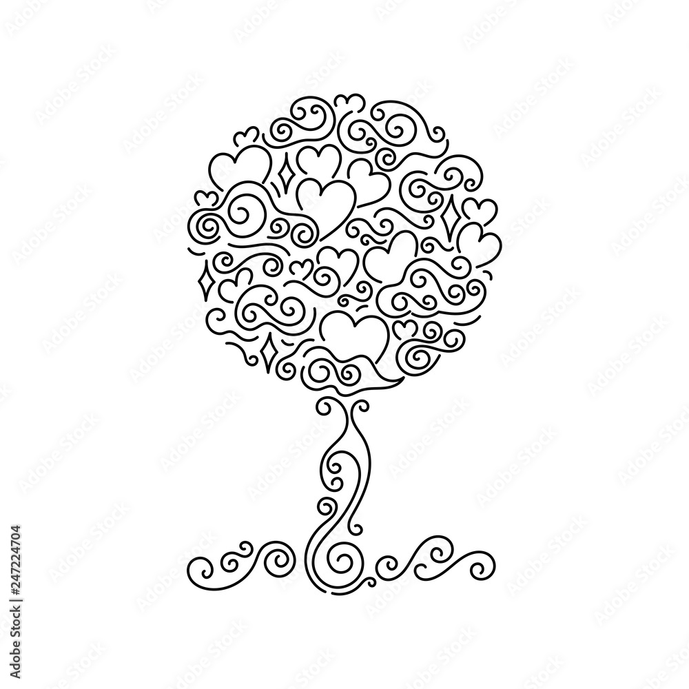 Tree of life and love. Hand drawn Doodle background. Vector illustration