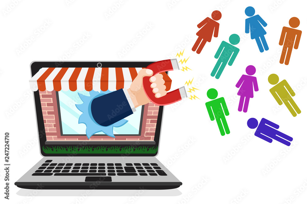 Online store attracts customers with a magnet on a white. Marketing Online store attracts customers with a magnet on a white. Marketing