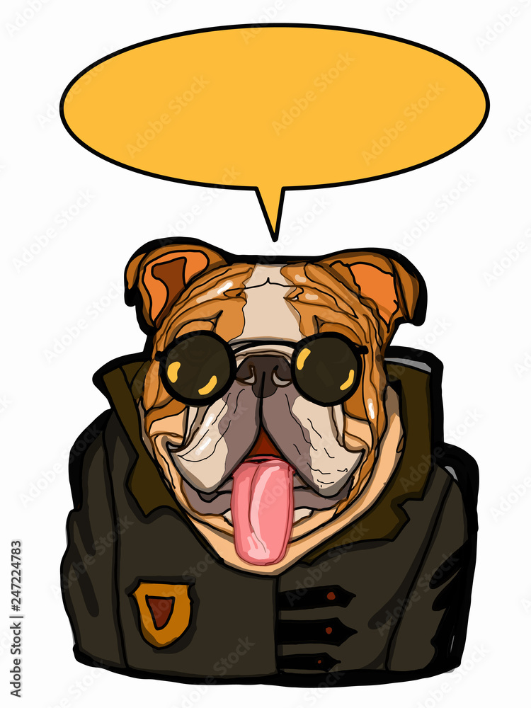 Φωτογραφία cartoon bulldog characters  big   tongue out  illustration  black jacket and sun