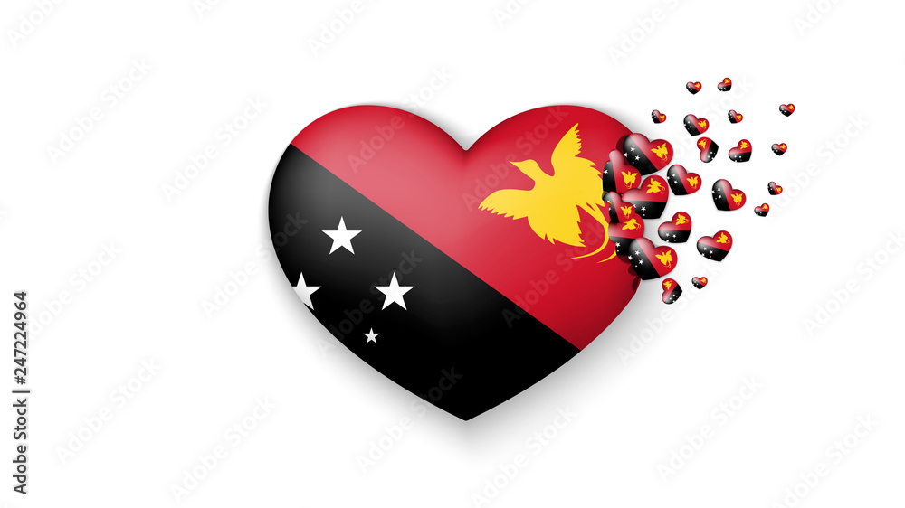 National flag of Papua New Guinea in heart illustration. With love to Papua New Guinea country. The national flag of Papua New Guinea fly out small hearts on white background National flag of Papua New Guinea in heart illustration. With love to Papua New Guinea country. The national flag of Papua New Guinea fly out small hearts on white background