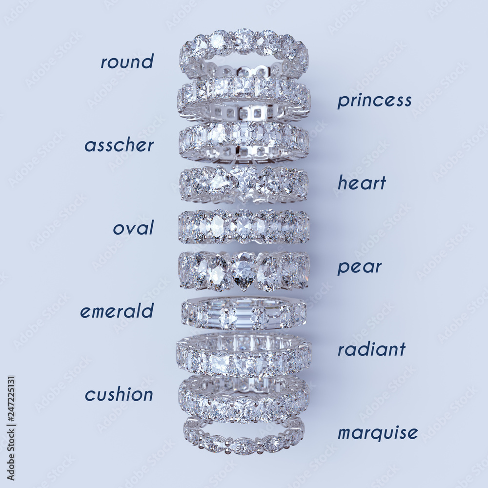 Multiple diamond eternity rings with cut style names on white background Stock Illustration Adobe Stock