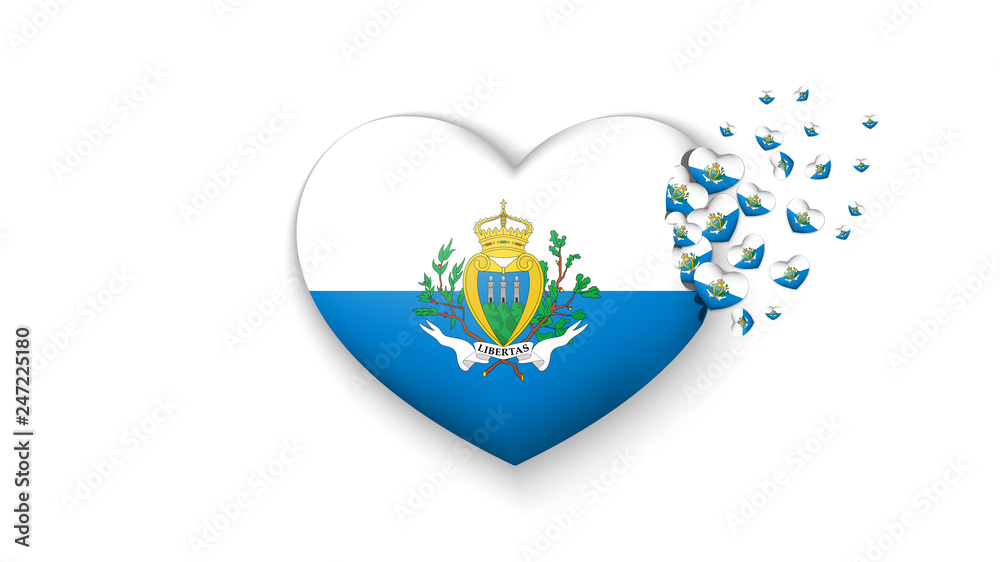 National flag of San Marino in heart illustration. With love to San Marino country. The national flag of San Marino fly out small hearts on white background National flag of San Marino in heart illustration. With love to San Marino country. The national flag of San Marino fly out small hearts on white background