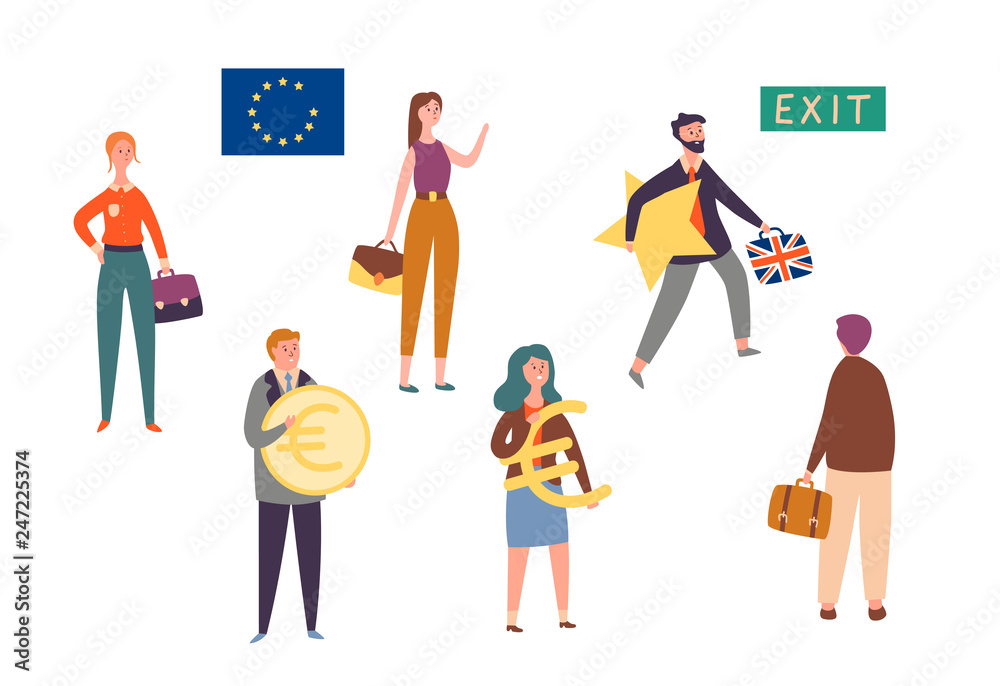 Uk Exit European Union, Brexit Concept Character Set. Man Leave Eu with Star. Britain National Politics Reform to Stop Economic Crisis. People Hold Currency Sign Flat Cartoon Vector Illustration